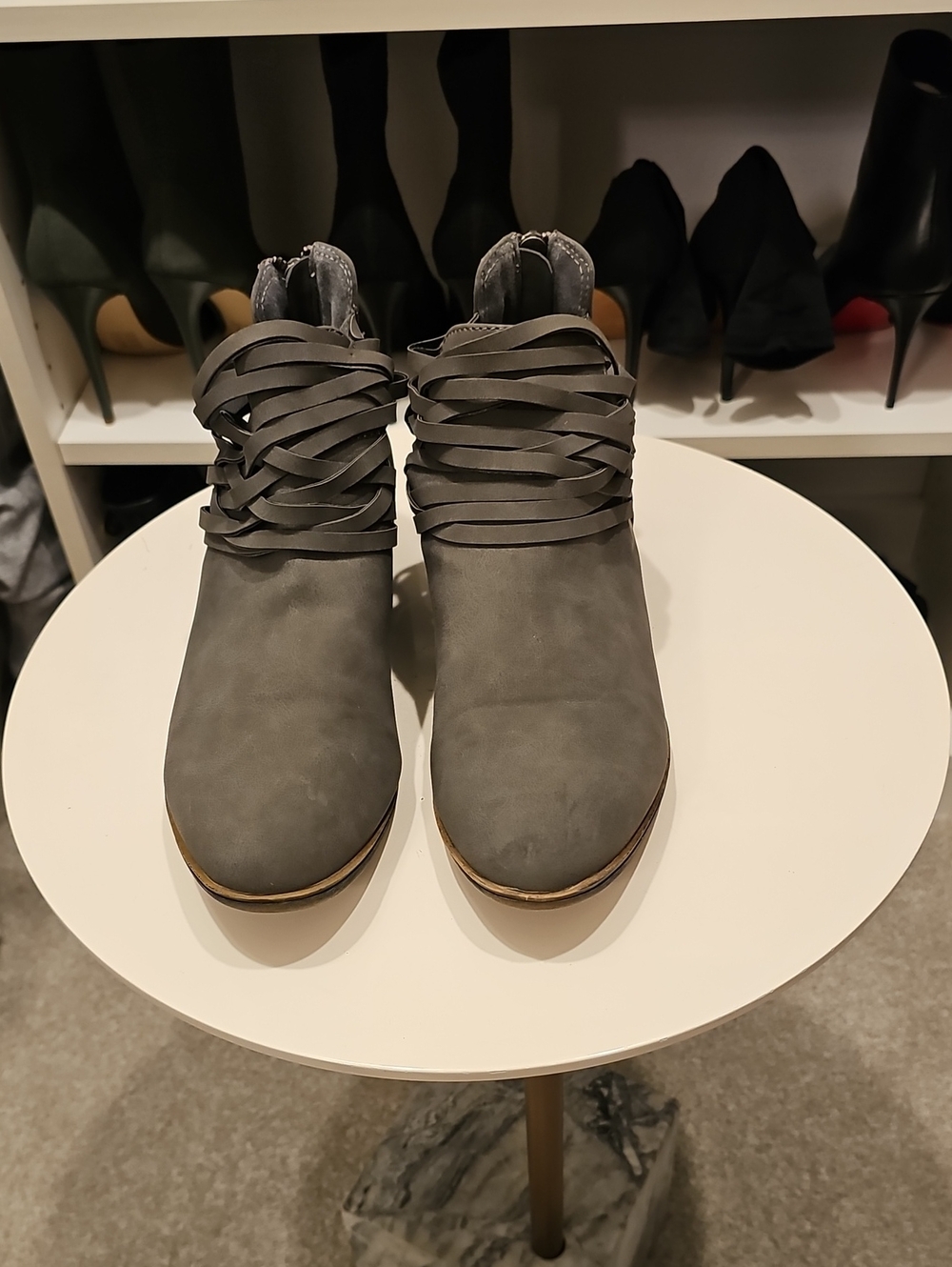 Sugar Gray Suede-Look Ankle Booties with Layered Straps